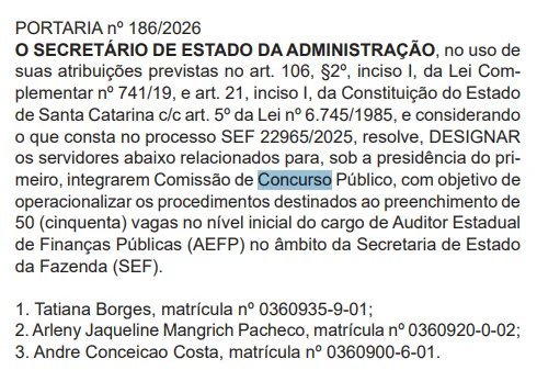 SEFAZ SC forma comissão para concurso com 50 vagas de Auditor Estadual de Finanças Públicas