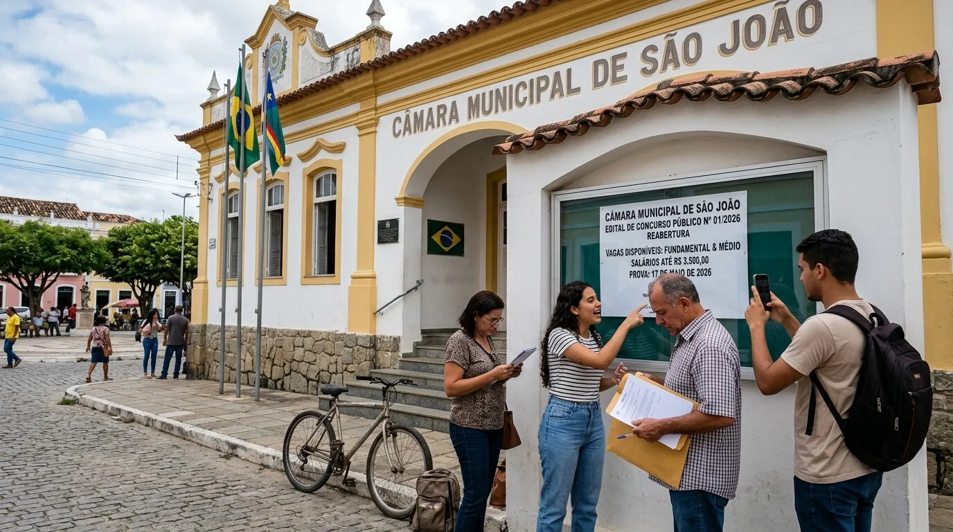Câmara de São João (PE) reabre inscrições para concurso com 9 vagas e salários de até R$ 3,5 mil