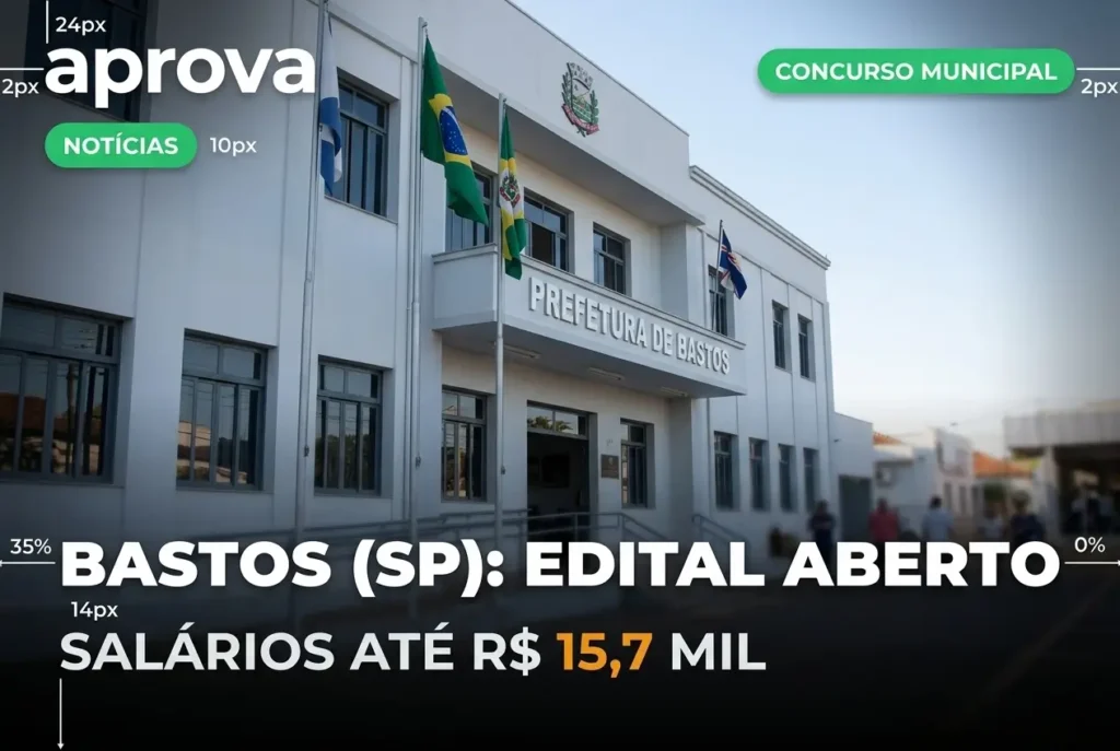 Concurso Prefeitura de Bastos 2026 oferece salários de até R$ 15,7 mil com inscrições abertas