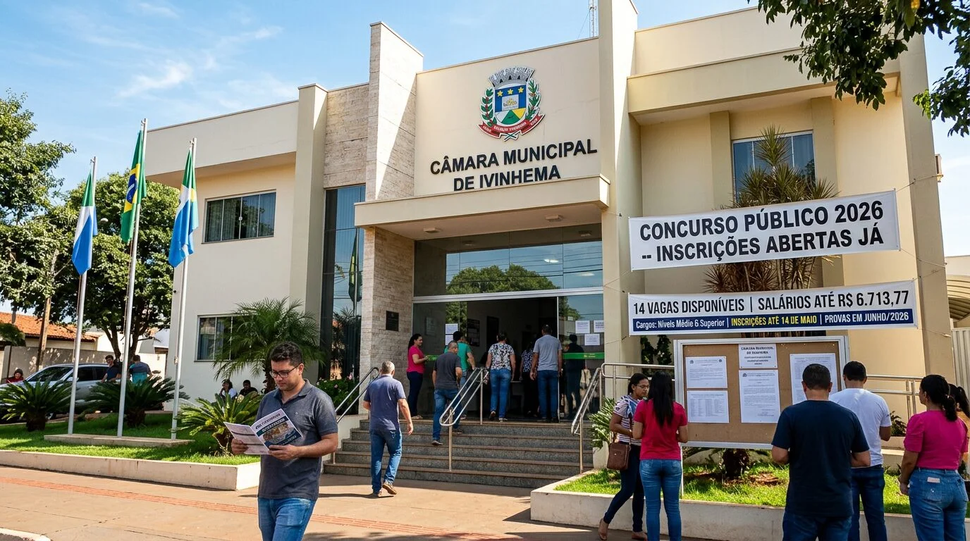 Câmara de Ivinhema-MS anuncia concurso público com 14 vagas e salários de até R$ 6,7 mil; inscrições vão até maio de 2026