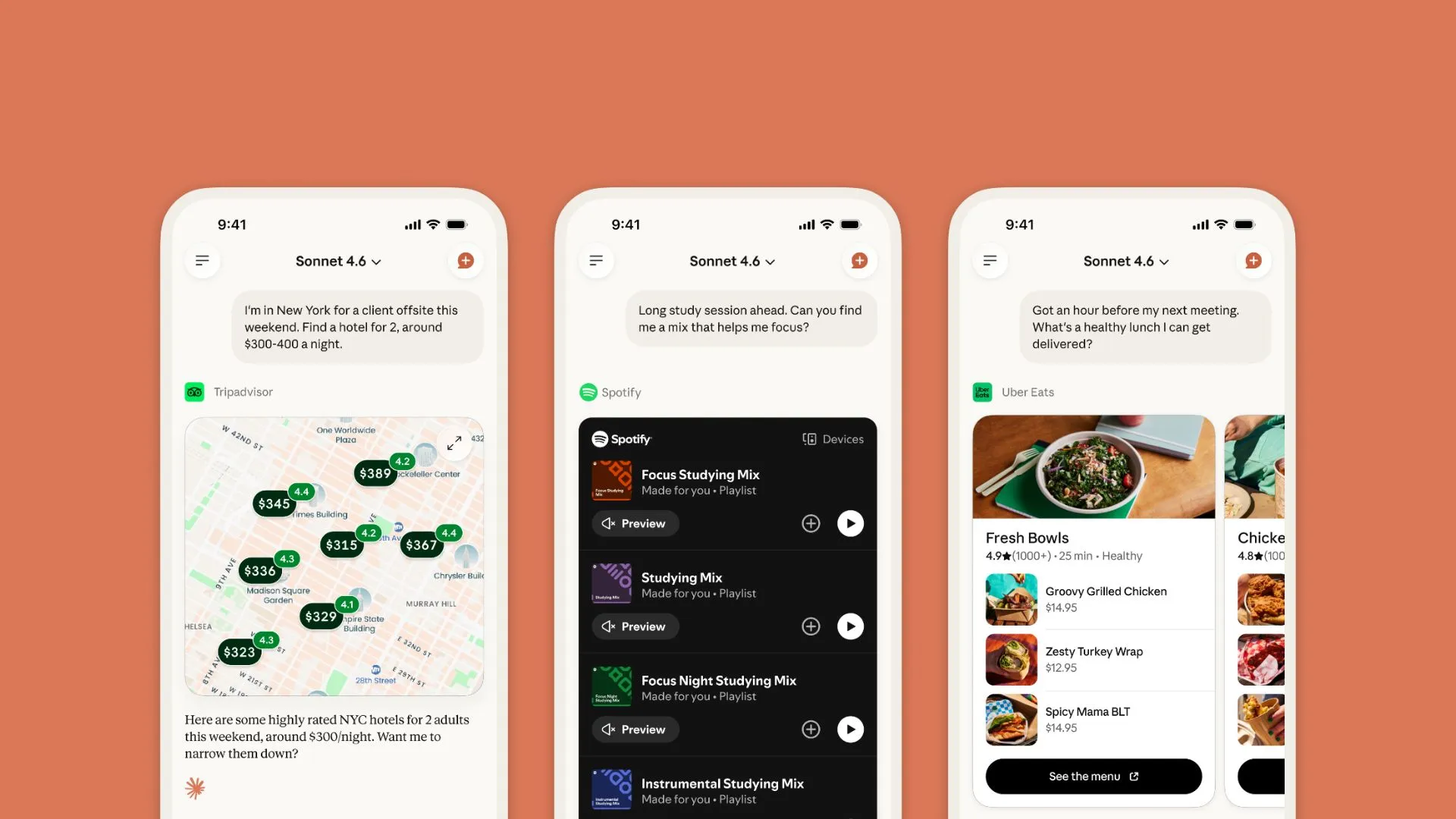 Claude agora integra diretamente apps pessoais como Spotify, Uber Eats e TurboTax