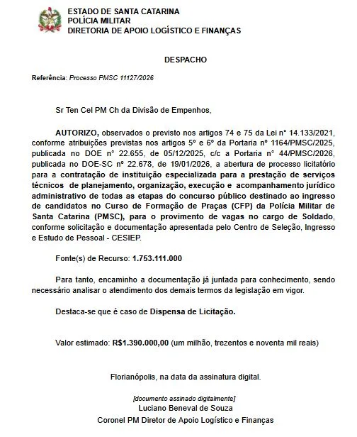 Polícia Militar de Santa Catarina inicia contratação de organizadora para novo concurso de soldado