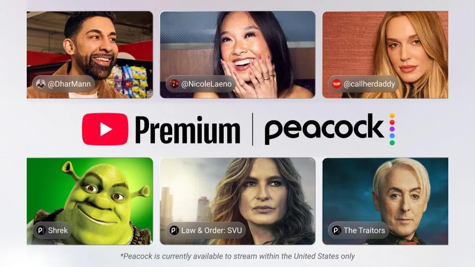 YouTube Premium incluirá o Peacock a partir de 2027 com streaming direto no app