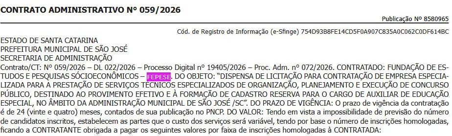 São José SC contrata FEPESE para organizar concurso público de Auxiliar de Educação Especial