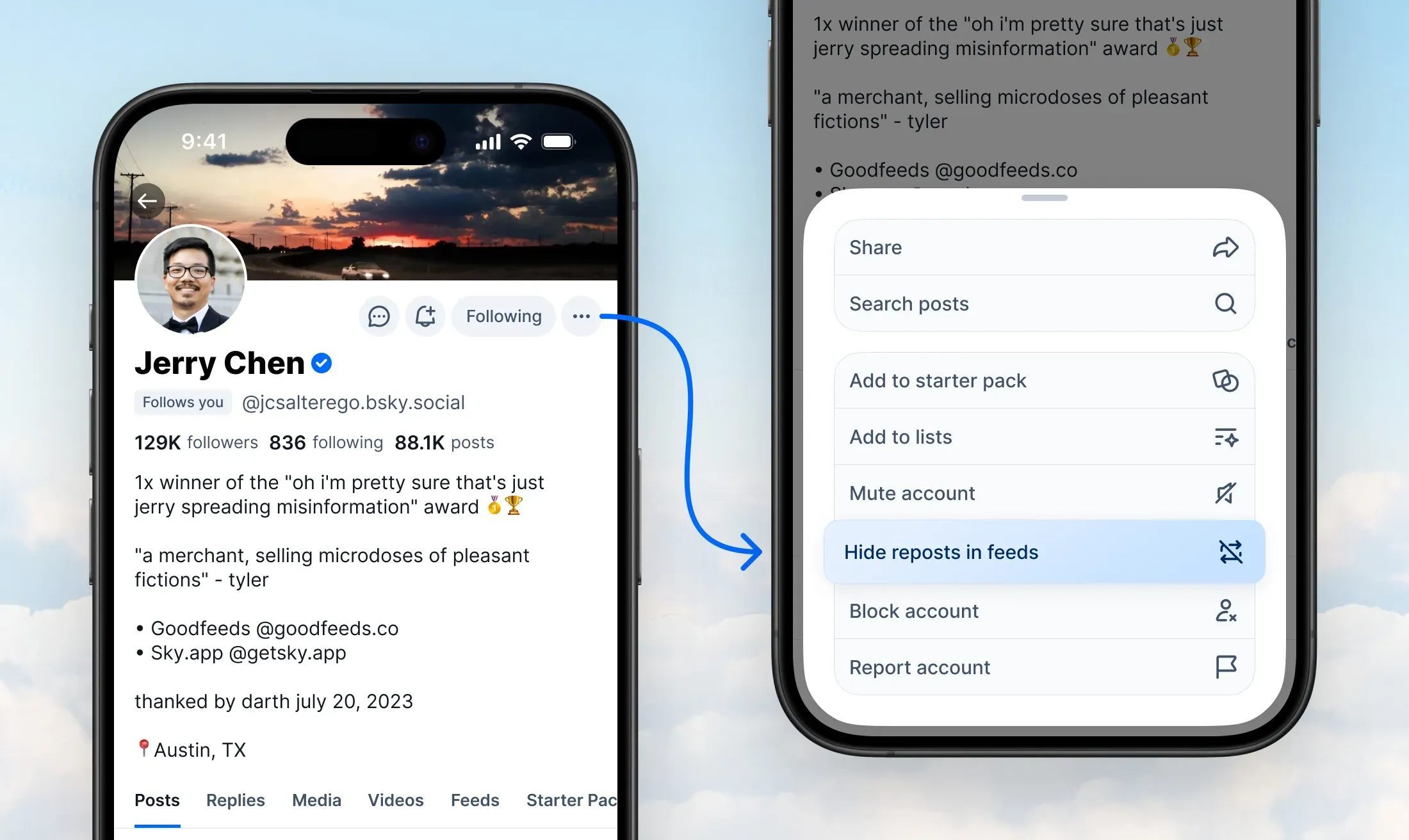 Bluesky lança recurso para ocultar repostagens de usuários específicos no feed